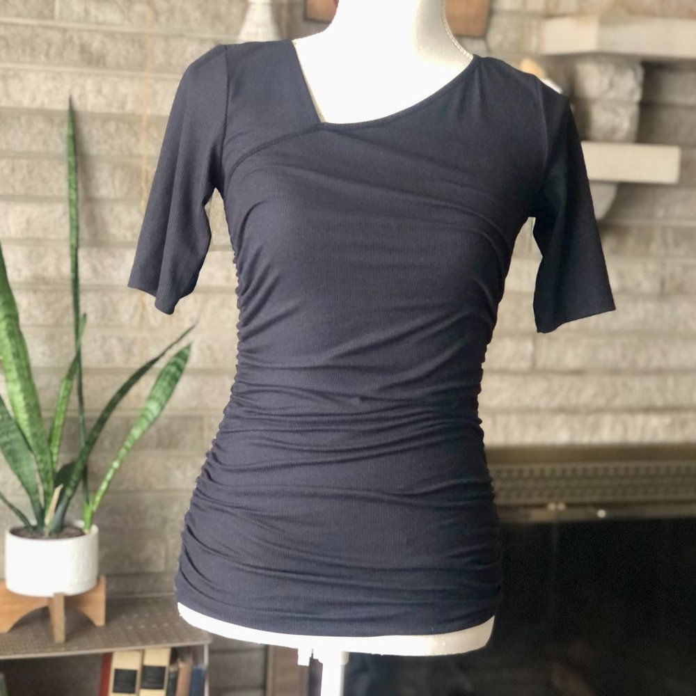 NEW XS Black Nine West Soft & Stretchy Assymetrical Neckline Ribbed Top